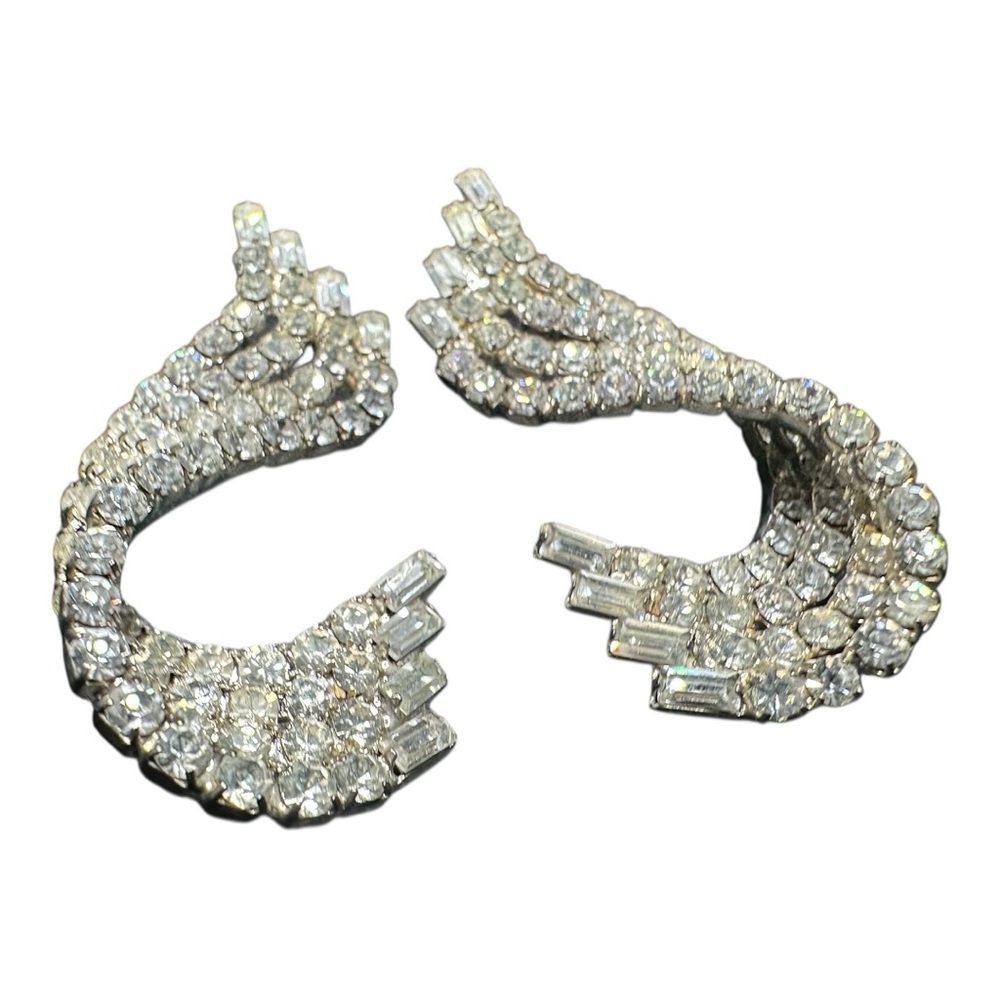 Vintage Art Deco Revival Wing Twist Earrings Old Hollywood Glam Rhinestone Posts - Picture 5 of 15